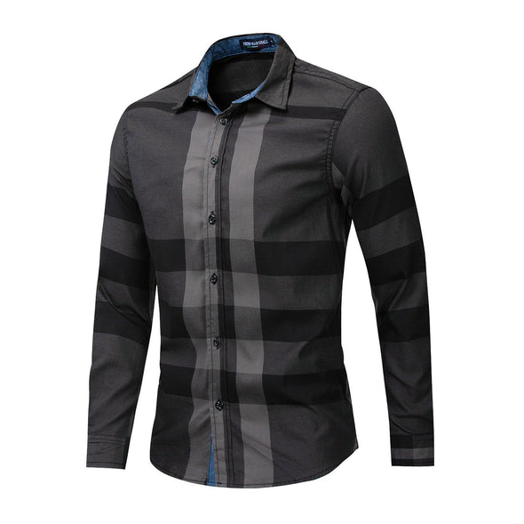 Hanrae Men's Cotton Long Sleeved Shirt Color Matching Plaid Shirt