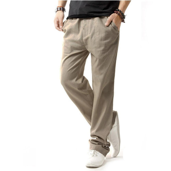 Hanrae Mens Casual Breathable Cotton Linen Drawstring Solid Color Pants