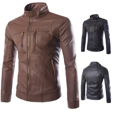 Hanrae Stand Collar Zipper Casual Faux Leather Jacket