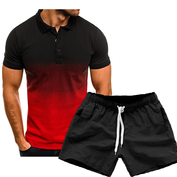 Summer Lapel 3D Gradient Short Sleeve POLO Shirt Set
