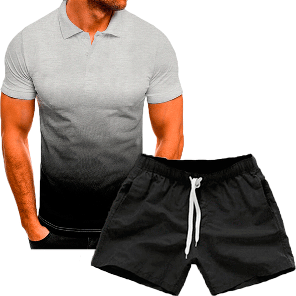 Summer Lapel 3D Gradient Short Sleeve POLO Shirt Set