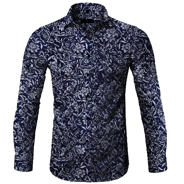 Hanrae Men's Casual Printed Floral Long Sleeve Button T-Shirt