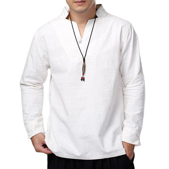 Hanrae Cotton Stand Collar Solid Color Casual Loose T Shirts