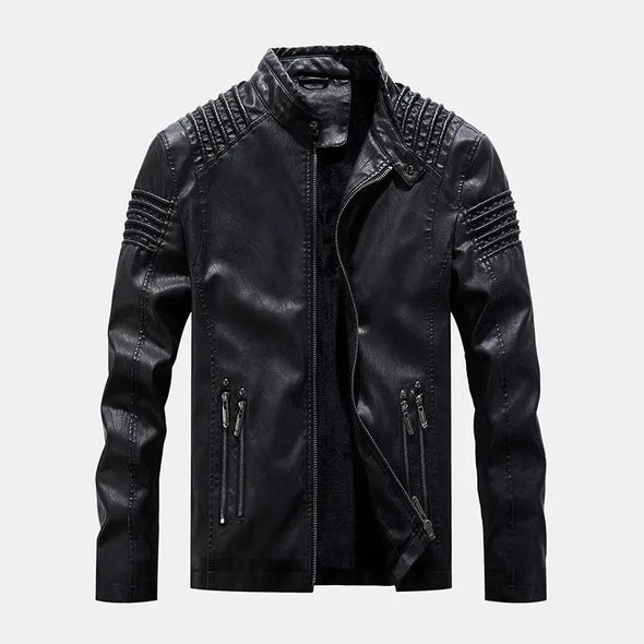 Hanrae Vintage PU Windproof Zippers Stand Collar Thick Casual Jacket